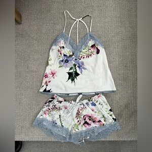 In Bloom Floral Silky with Lace Trim Chemise Lingerie Set Size M